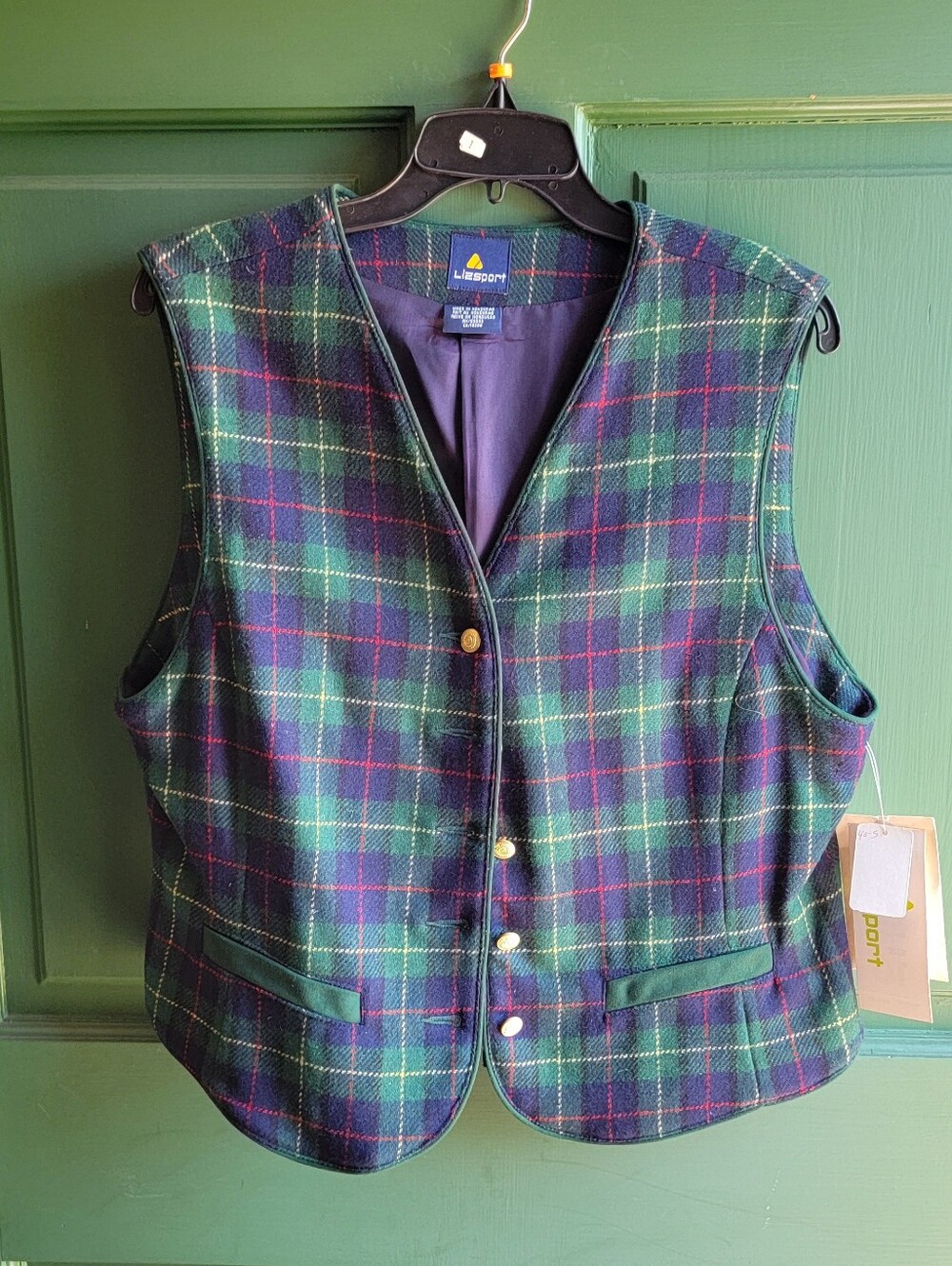Vintage LizSport Green, Navy & Purple Plaid Wool Vest Sz L